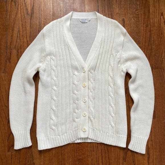 Vintage Women Cardigan Sweater Size Large Ivory Cableknit Varsity Boho 90s - Picture 2 of 13